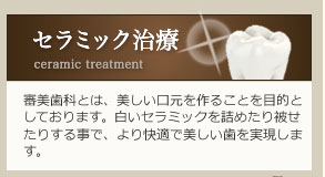 審美歯科とは、美しい口元を作ることを目的としております。白いセラミックを詰めたり被せたりする事で、より快適で美しい歯を実現します。